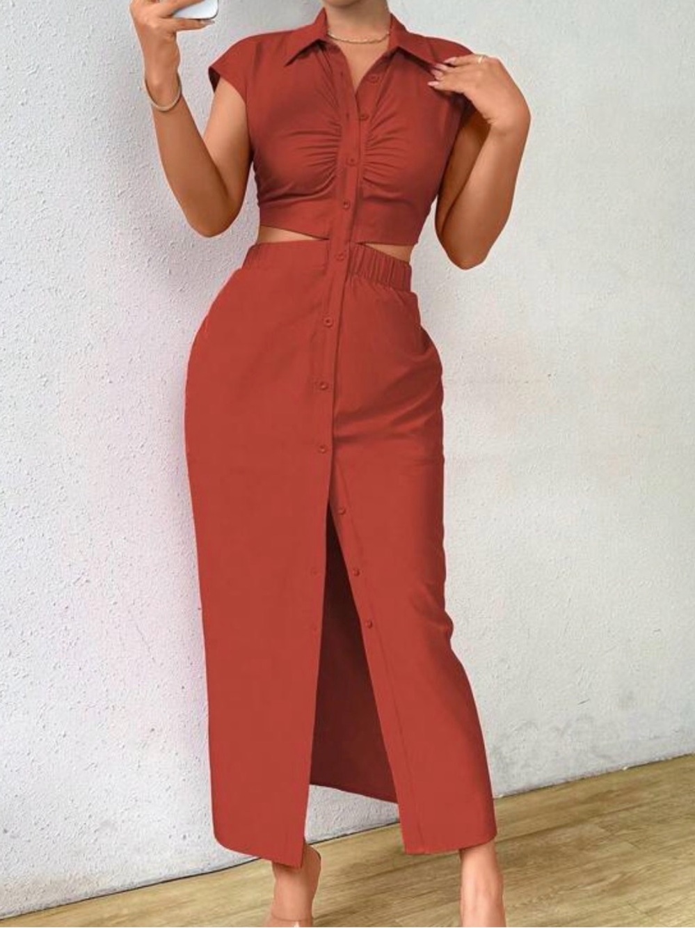 Burnt orange button up midi dress